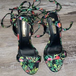 Liliana floral green pink and black open toe pump high heels wrap up size 6.5